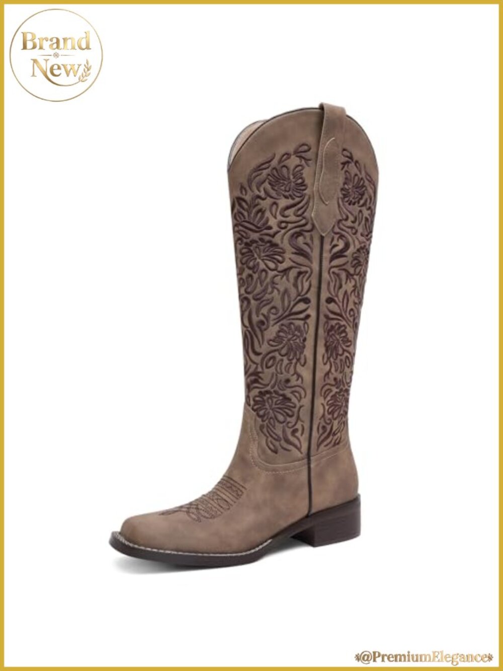 Women's Embroidered Cowboy Knee High Boots Low Block Heel Square Toe Pull On